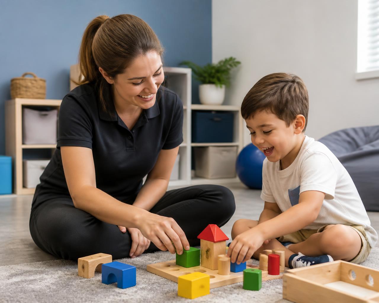An ABA behavior therapist and a child playing together with colorful toys