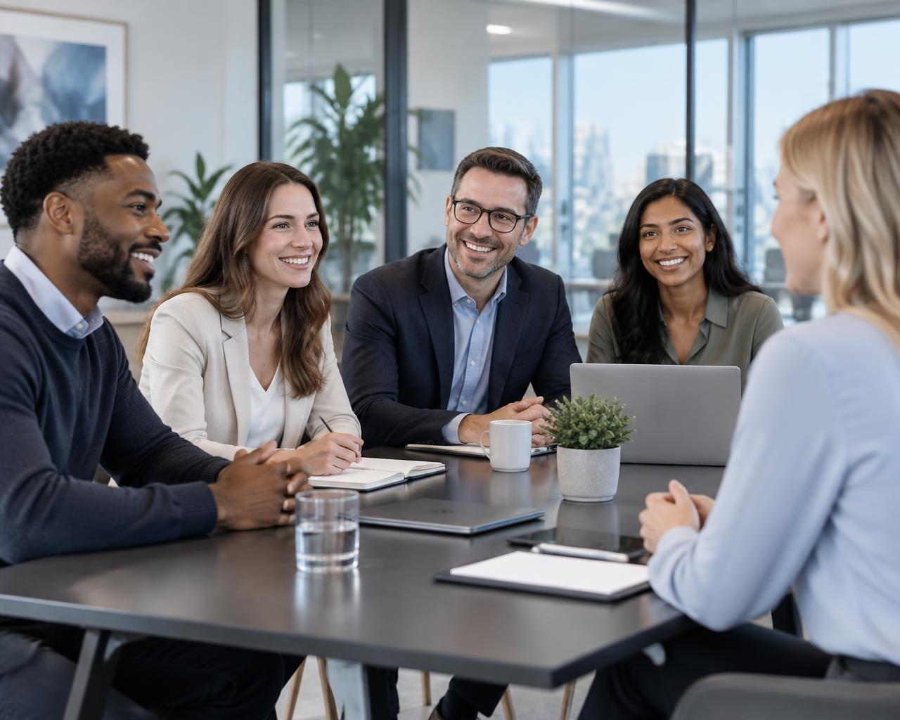 A recruitment consultant meeting with candidates and employers in a modern office